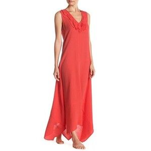 New Natori Sleeveless Maxi Night Gown Dress Embroidered Womens XS Red Orange